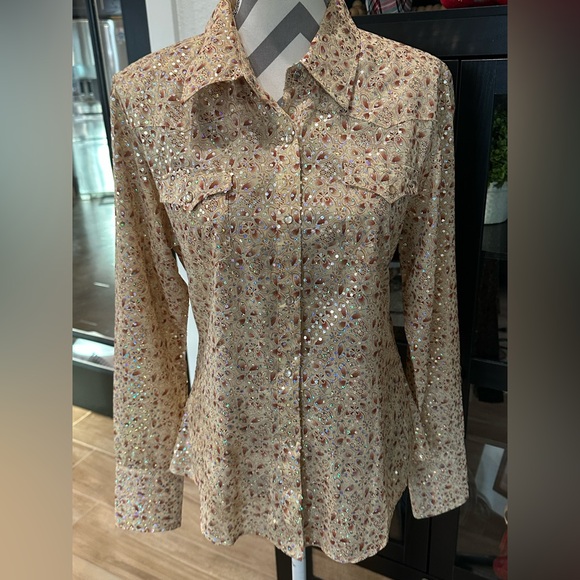 Roper Western Rodeo Gold Sequin Button Down Blouse SZ M - Picture 2 of 5